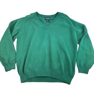 Lands End Vintage Cotton V-Neck Sweater Kelly Green Pullover Mens Large 42-44